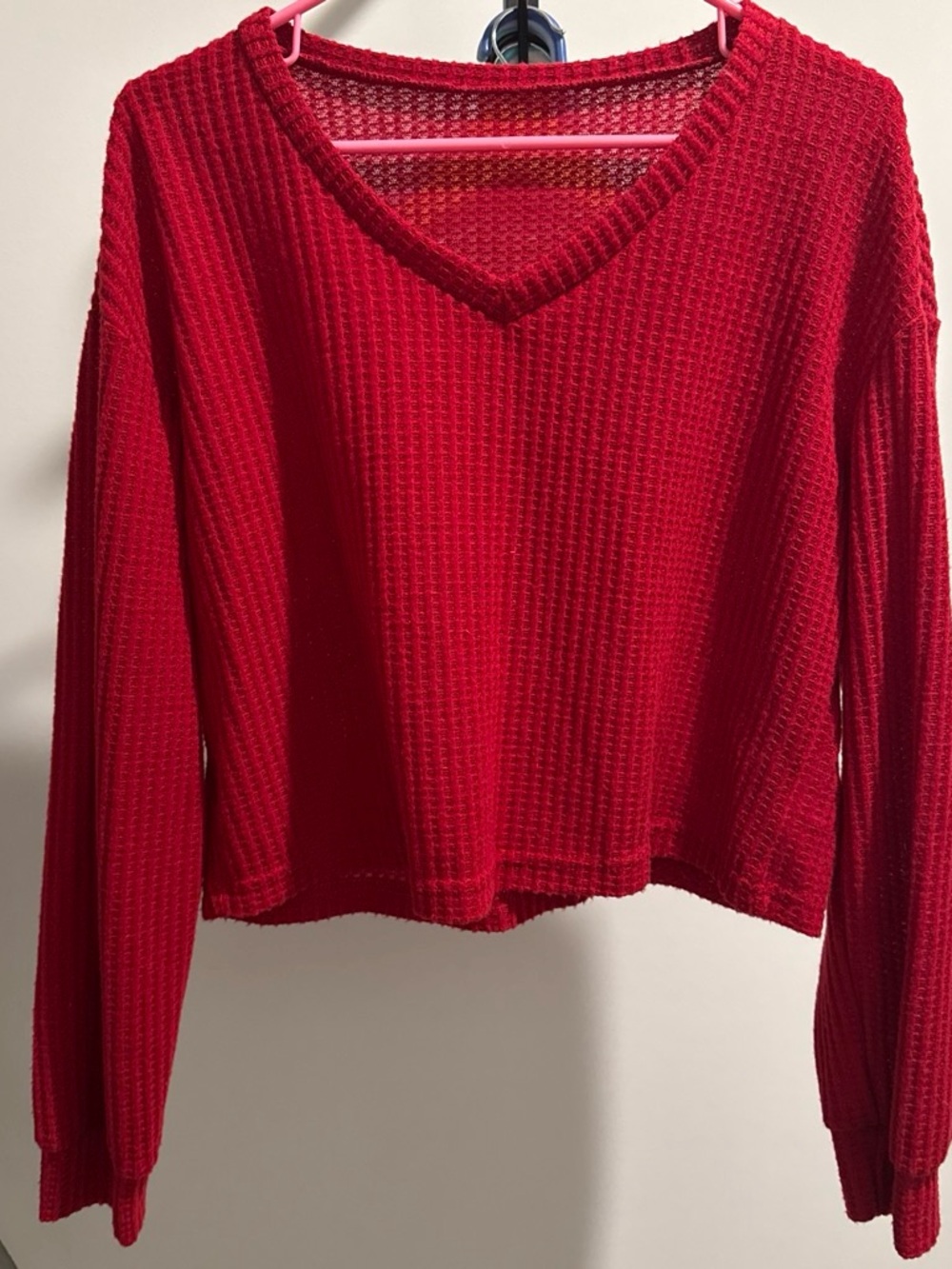 SHEIN Red Waffle Knit V-Neck Pullover